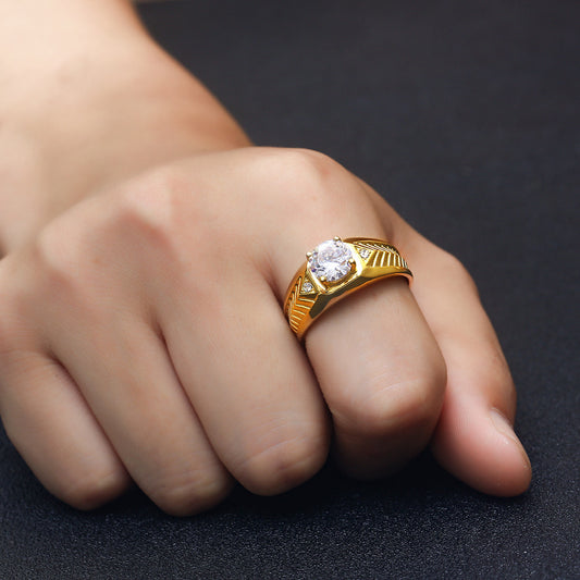 Unisex Stainless Steel Ring with Twill Inlay and Zircon Accent Ethnic U Shape Band Stainless Steel Jewelry Ring Gift for Men or Women