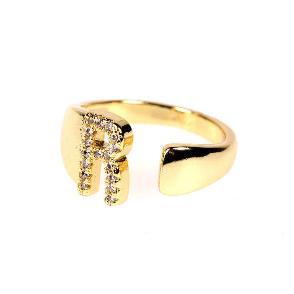 Women Initial Letter Ring Adjustable Gold Plated Diamond Accent Personalized Alphabetical Jewelry Gift For Her