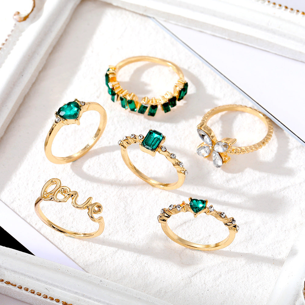 Butterfly Ring Set Inlaid Emerald Green Gems Retro Diamond Design Alloy Rings 6 Piece Fashion Jewelry Ring Set