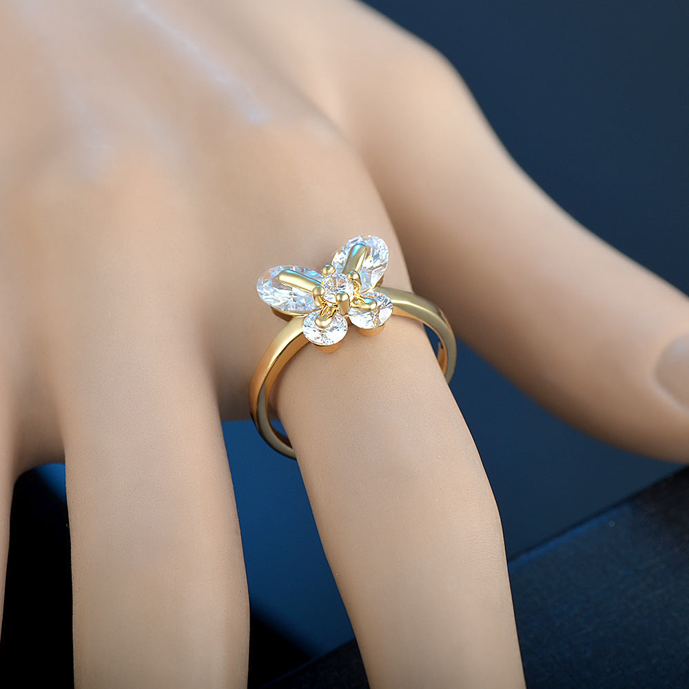 Women's Ring Elegant Butterfly Zircon Crystal Copper Inlaid Daily Wear Fashion Jewelry Craftsmanship Gold Tone