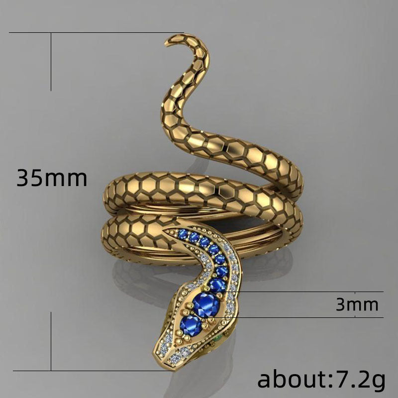 Unisex Snake Ring Inlaid Royal Blue Zircon Gold Plated Copper Animal Fashion Jewelry Durable Statement For Women Men