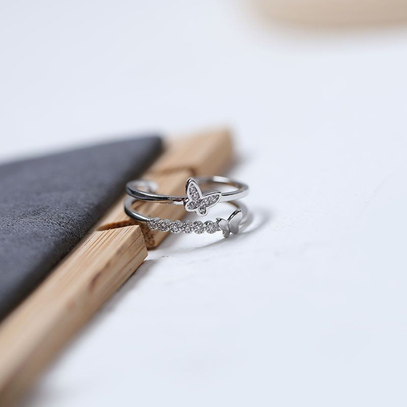 Double Layer Bowknot Copper Ring Adjustable Opening Handcrafted Gem Inlay Diamond Accents Womens Fashion Jewelry