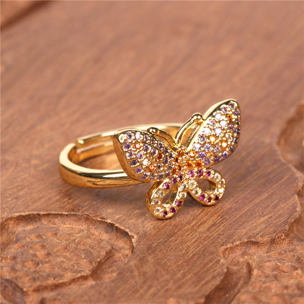 Womens Butterfly Ring With Rhinestones Gold Plated Copper Adjustable Open Band Korean Fashion Jewelry Gift Now