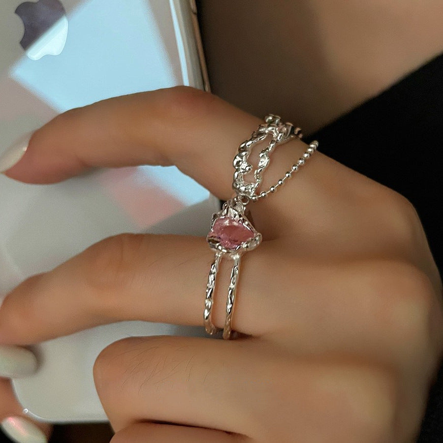 Womens Heart Ring Adjustable Thai Silver Plated Ring With Alloy Inlaid Gems Irregular Design Inner Diameter 1.6cm