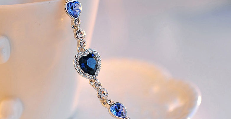 Heart Bracelet With Blue Crystals Love You Heart Design Alloy Metal Plated Finish Elegant Jewelry Gift For Her