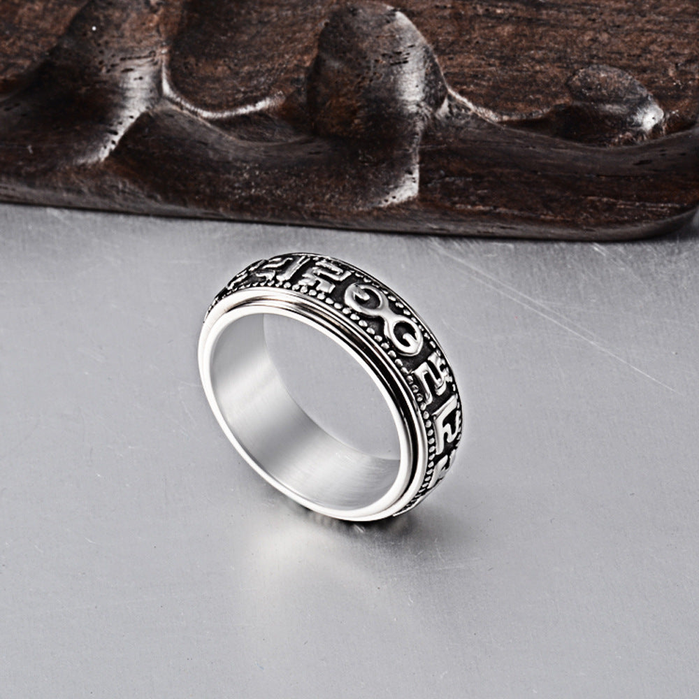 Men's Titanium Steel Ring Vintage Rotating Mantra Band Ring with Six Character Inscription Retro Inspired Ring Perfect Gift for Him