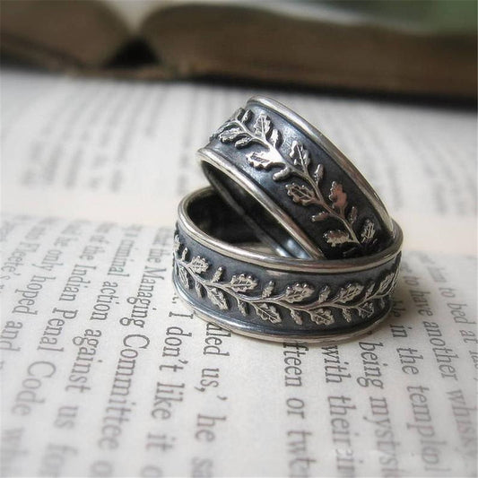 Vintage Silver Leaf Ring Alloy Fashion Jewelry For Men And Women With Gem Inlay Artificial Gemstone Inlay Rings Classic