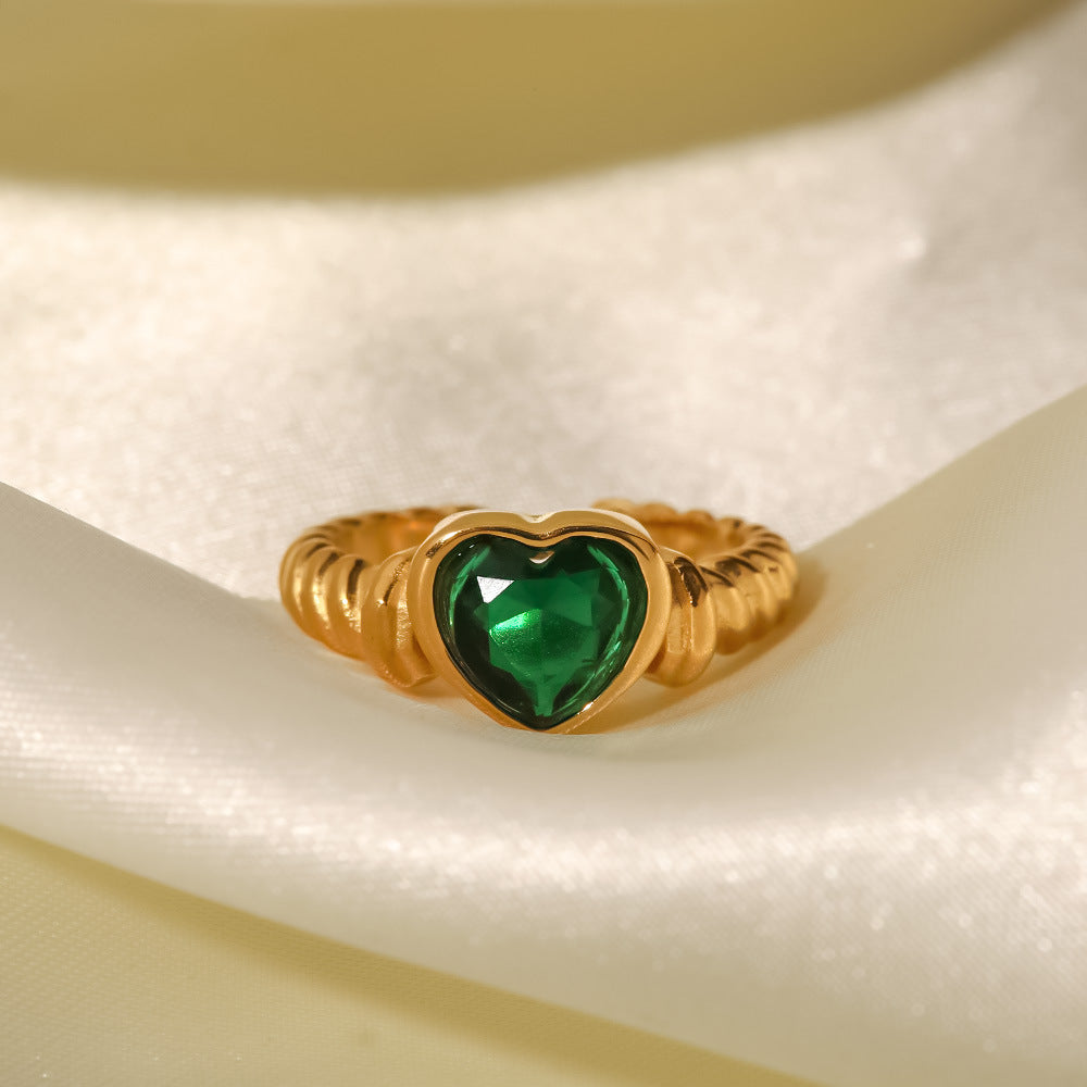 Womens Stainless Steel Ring With 18K Gold Plating Green Heart Inlaid Zircon Open End Geometric Love Jewelry Gem