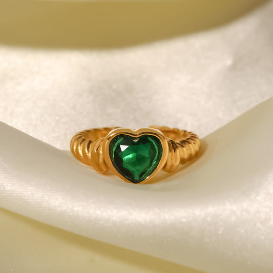 Womens Stainless Steel Ring With 18K Gold Plating Green Heart Inlaid Zircon Open End Geometric Love Jewelry Gem