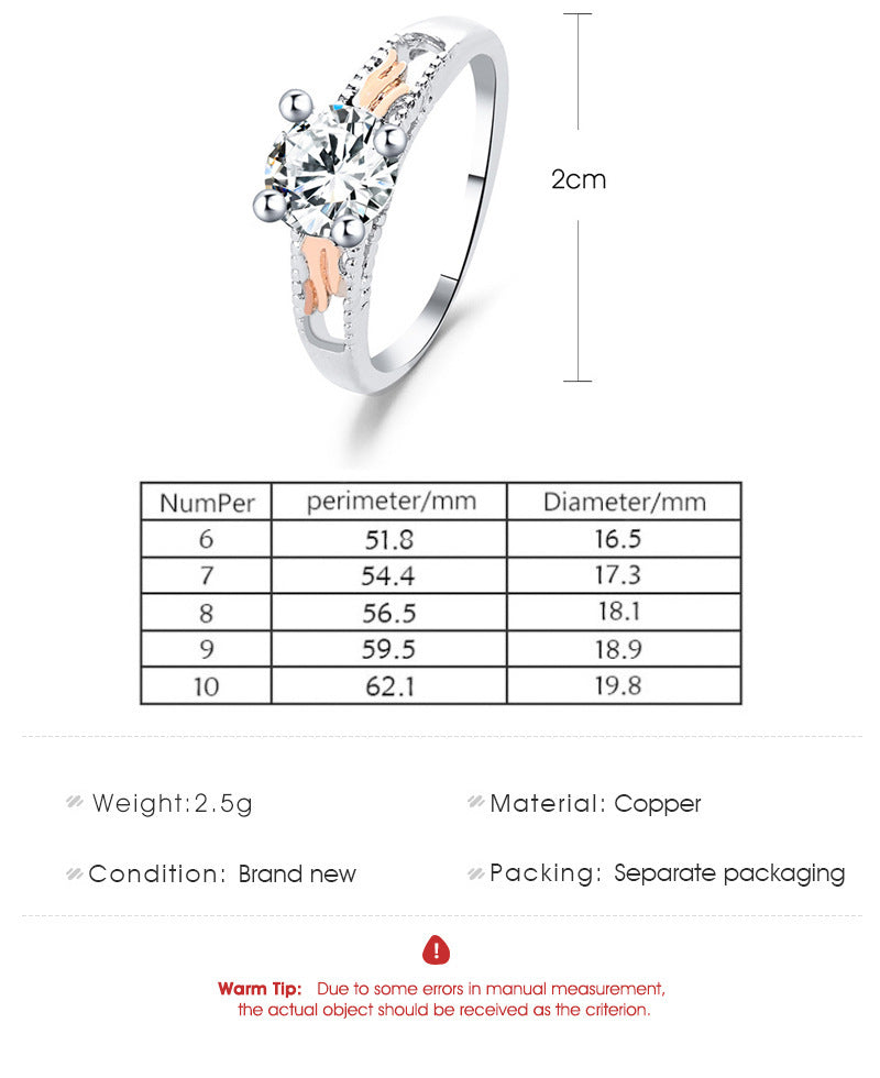 Angel Wing Zircon Ring Copper Electroplated Fashion Jewelry