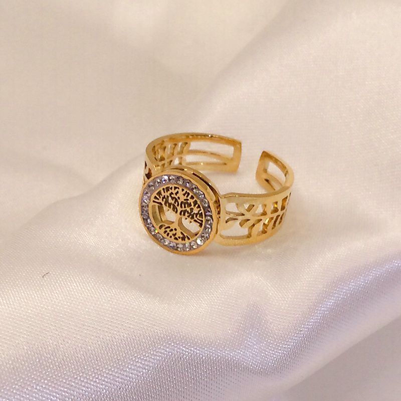 Gold Titanium Steel Lucky Tree Diamond Studded Hollow Ring Adjustable Opening Leaves Design Elegant Timeless Jewelry