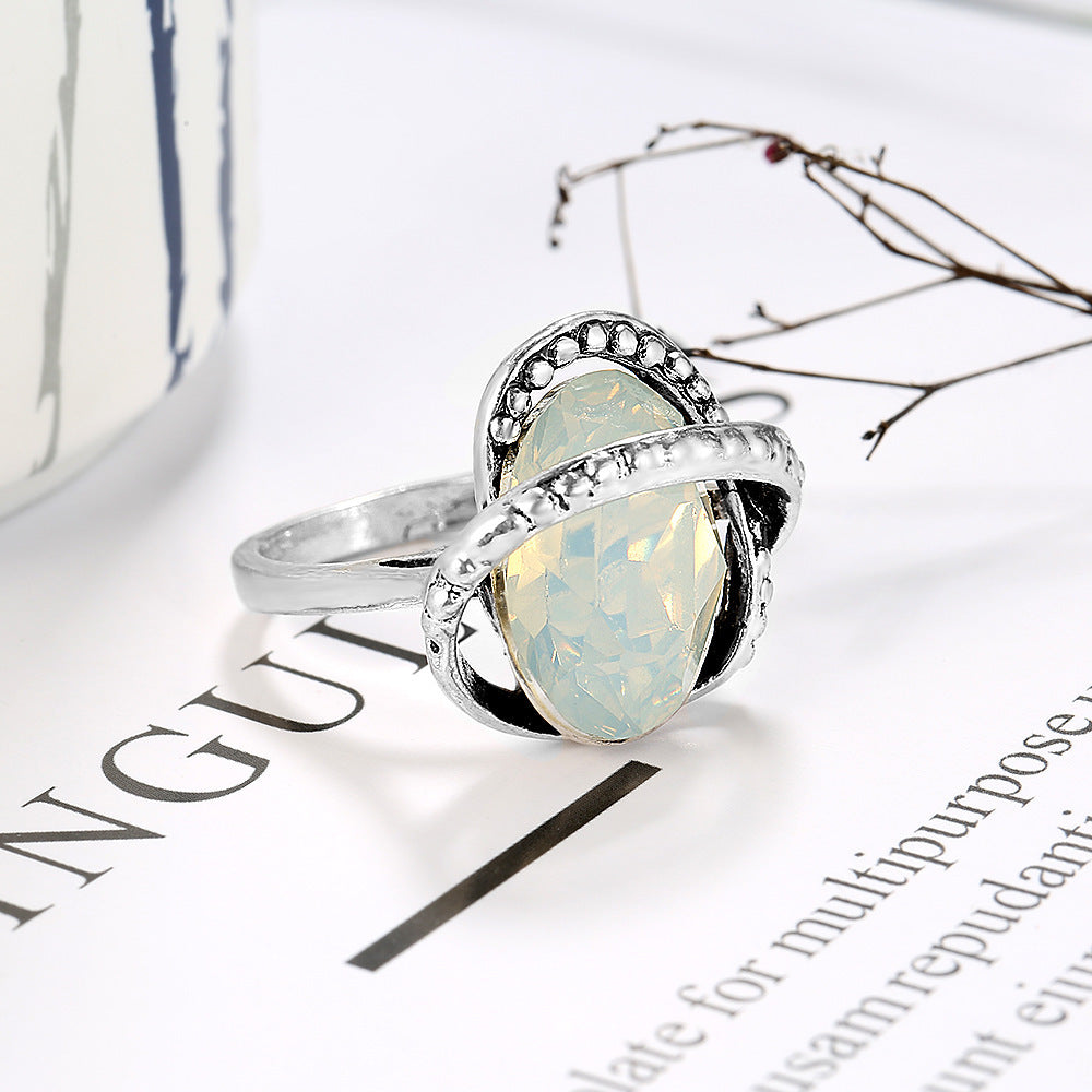 Womens Electroplated Alloy Ring With Opal Geometric Ethnic Design Retro Fashion Statement Jewelry Accessory Trendy