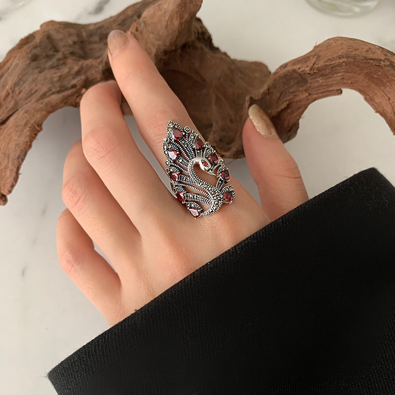 Geometric Adjustable Ring Retro Pattern Hollow Art Exaggerated Thai Style Silver Plated Jewelry For Women Everyday