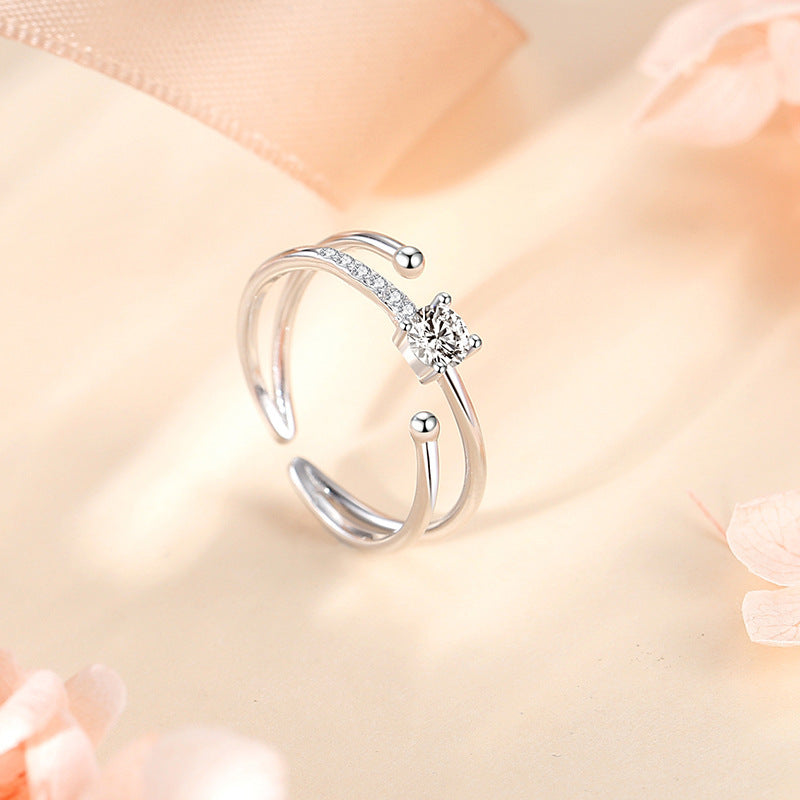 Sterling Silver Double Layer Open Adjustable Zircon Star Ring For Women Fashion Jewelry Elegant Sparkle Bright