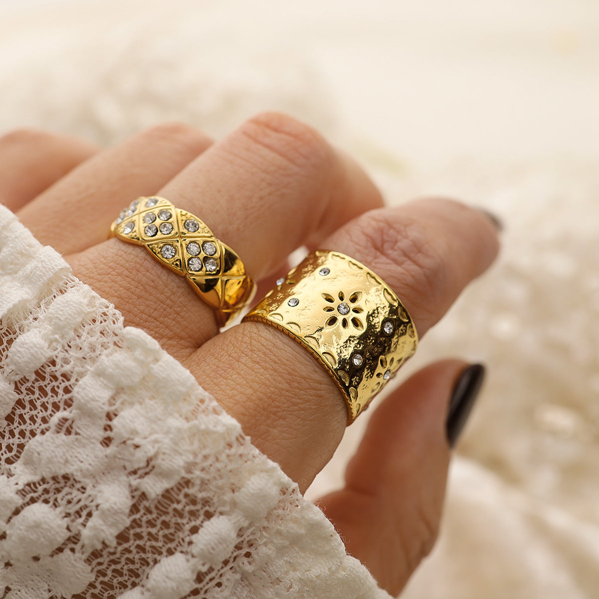 Womens Titanium Steel Vintage Court Style Ring With Carved Hollow Design Adjustable Elegant Jewelry For Everyday Wear