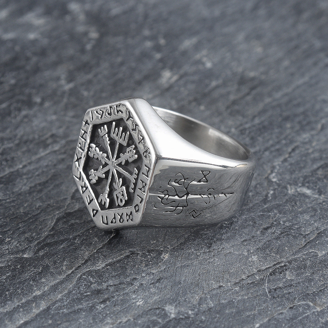 Handcrafted Stainless Steel Ring Hexagonal Vegvisir Ring and Valknut Rune Ring Fashion Statement Ring for Women High Polish Retro Black Finish