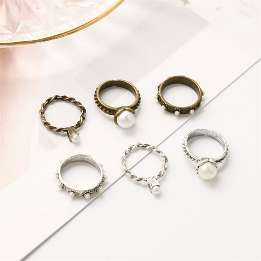 Womens Geometrical Alloy Rings Set Of 3 Electroplated Pearl Rings Retro Fashion Statement Bronze Ancient Silver
