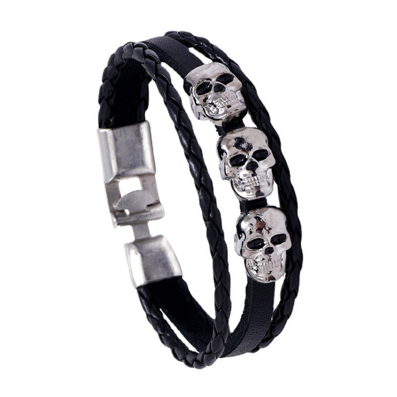Mens Braided Leather Bracelet With Skull Accent Wristband