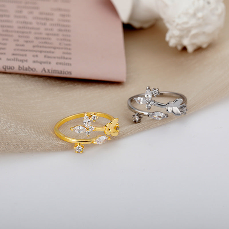 Womens Adjustable Flower Ring Zircon Gold Inlaid Copper