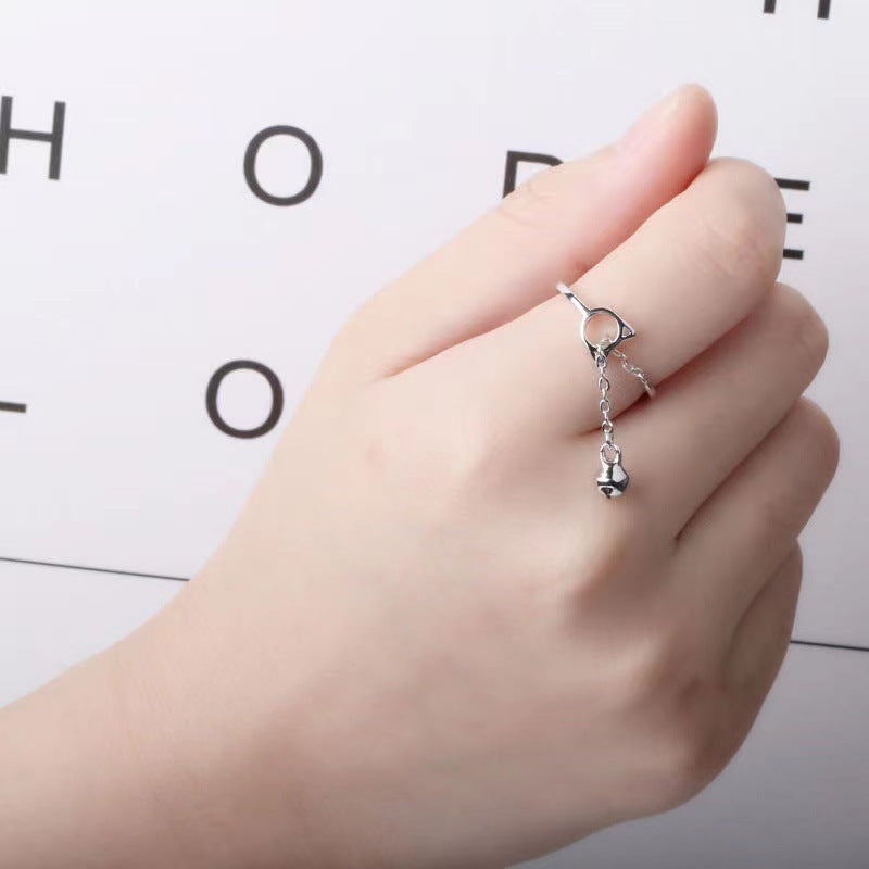 Unisex Adjustable Cat Ring Electroplated Animal Zodiac Ring Tassel Bell Charm Inner Diameter 17mm Opening Size
