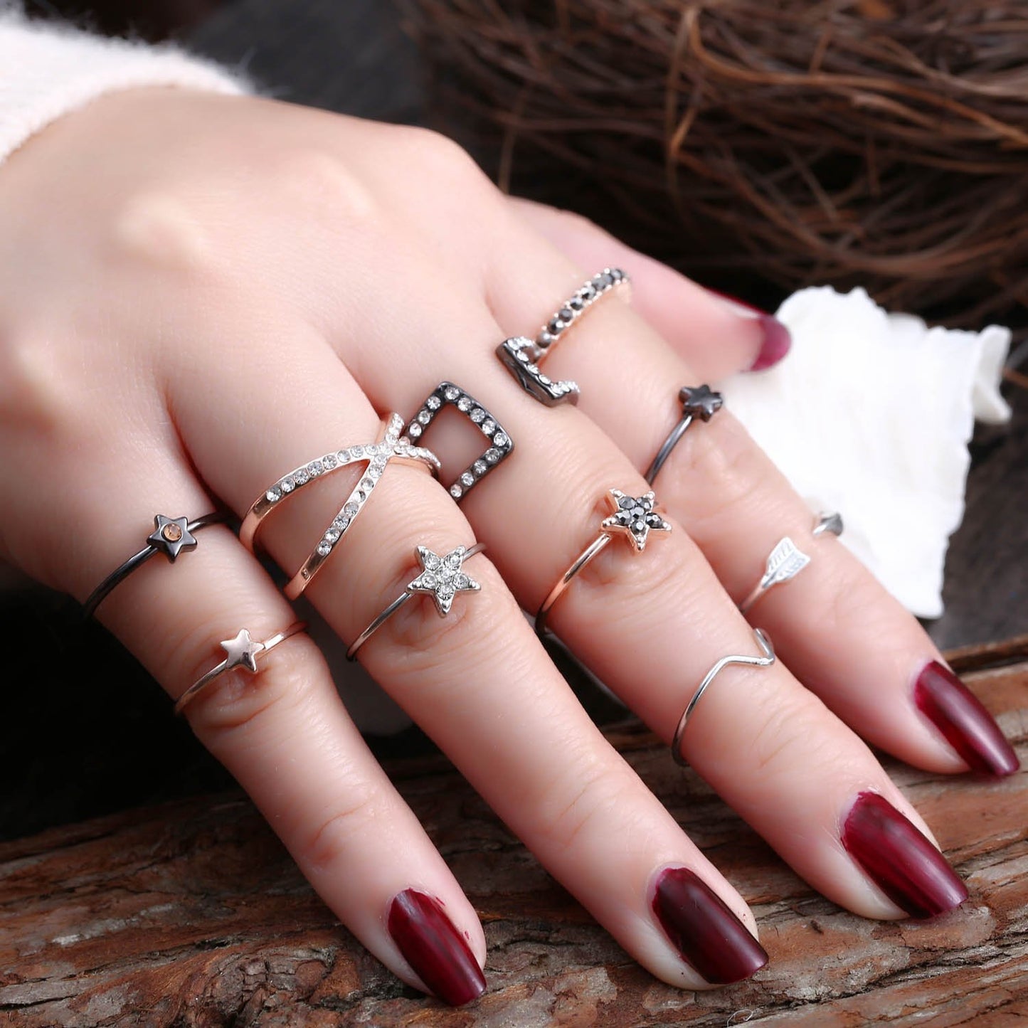 Wave Ring Set Five Pointed Star Design Alloy Stacking Rings Gem Inlays Geometric Electroplated Jewelry Set Gems
