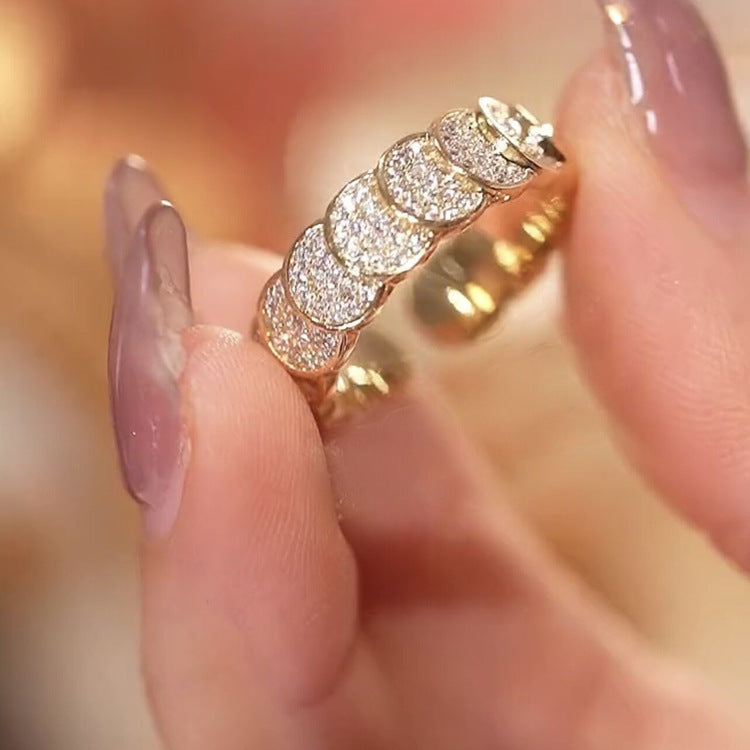 Womens Zircon Ring Gold Plated Copper Geometric Wave Scale Coin Inlay Adjustable Fashion Jewelry Elegant Everyday Wear