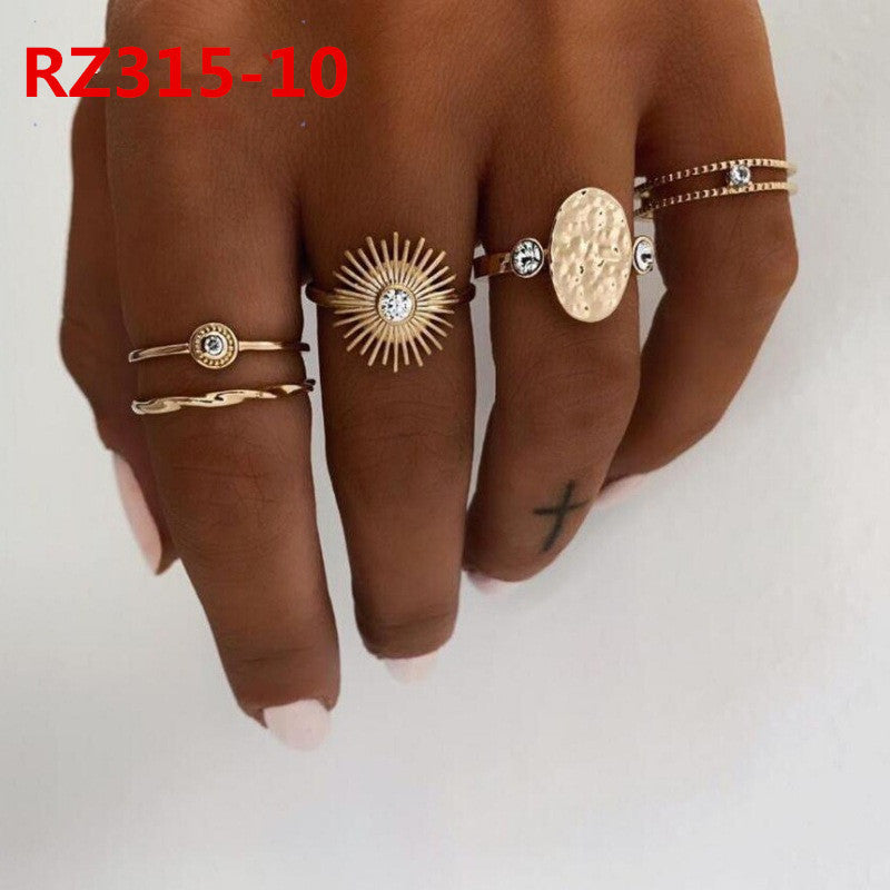 Womens Bohemian Ring Set Geometric Inlaid Gemstones Alloy Electroplated European Style Rings Jewelry Set Gifts