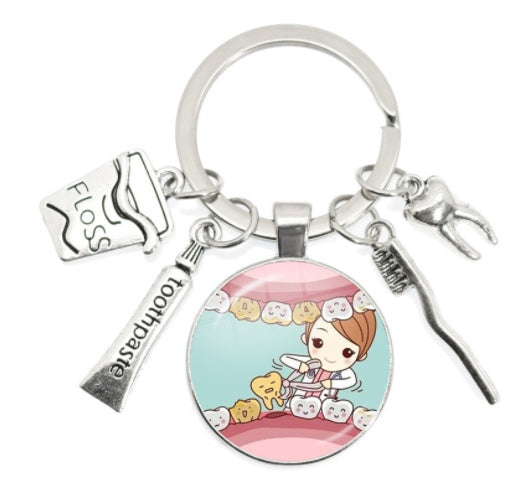 Round Toothbrush Keychain Alloy Metal Key Ring Unisex Pendant Gift for Keys Bags Backpacks and More Gift Ideas