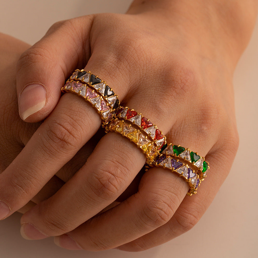 Womens Stainless Steel Ring Triangle Zircon Geometric Circle Design Fashion Jewelry Statement Ring Color Style