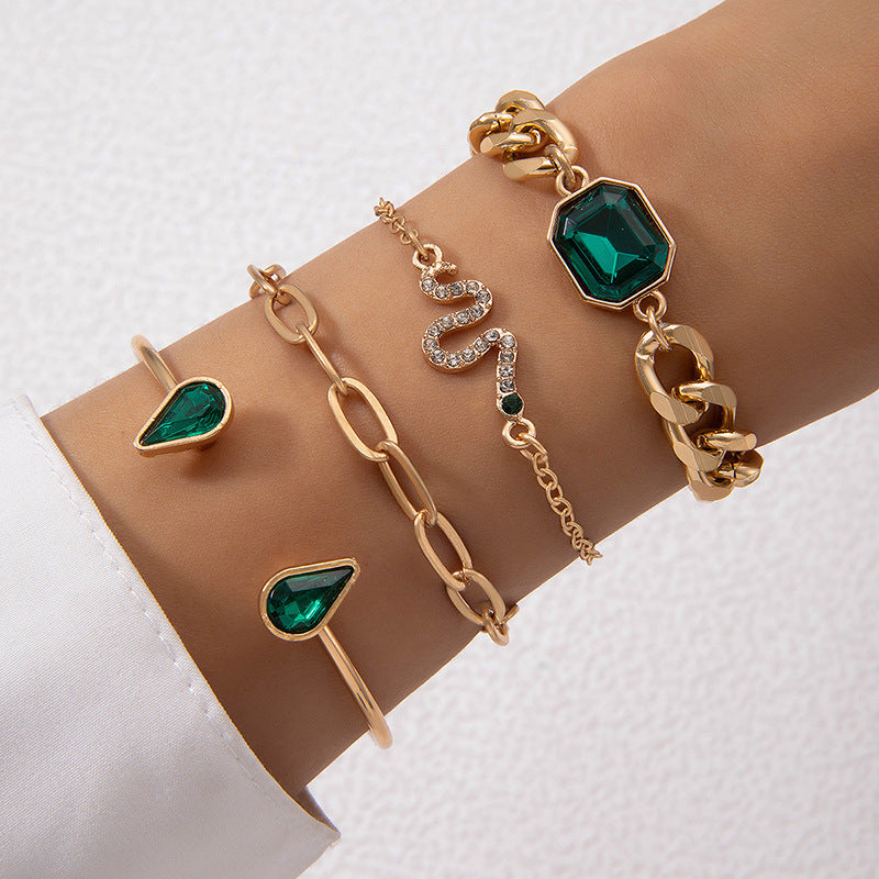Geometric Alloy Bracelet Set Green Diamond Inlay Multi Layer Gold Tone Jewelry 4 Pcs For Women Fashion Jewelry