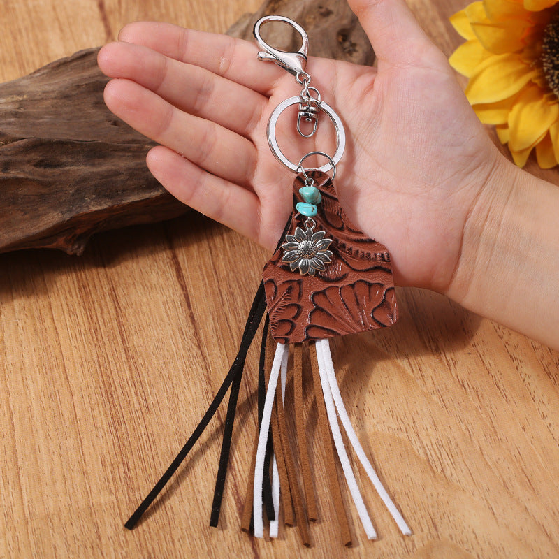 Womens Leather Keychain Turquoise Sunflower Charm Geometric Cow Design Tassel Electroplated Keyring Sweet Charm