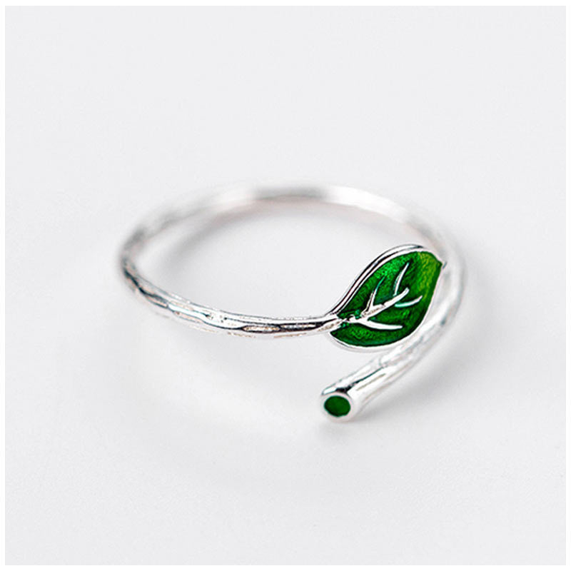Green Leaf Open Ring for Women Simple Branch Design Artistic Leaf Copper Jewelry Graceful Leaf Pattern Jewelry