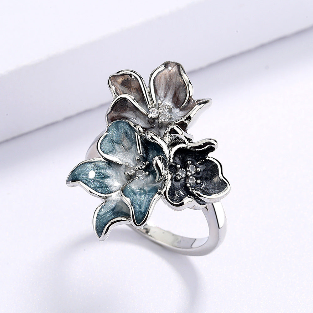 Simple Chinese Style Splash Ink Epoxy Inlaid Zircon Flower Ring For Women Retro Vintage Jewelry Elegant Finish