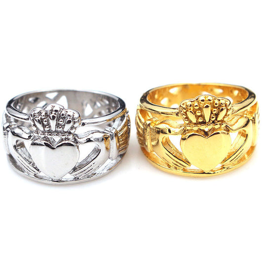 Unisex Titanium Steel Ring European And American Retro Domineering Design Wide Edge Hollow Hand Holding Crown Love Heart Ring for Men and Women