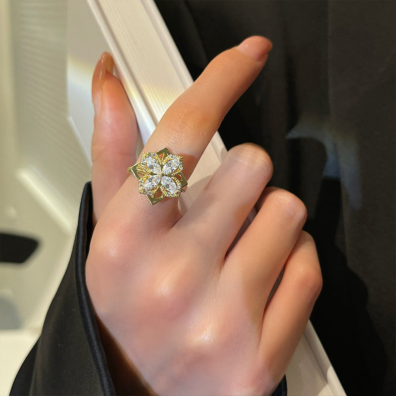 Women Rotatable Windmill Ring Copper Flower Design Micro Inlay Elegant Jewelry Inspired Japanese Korea Fashion