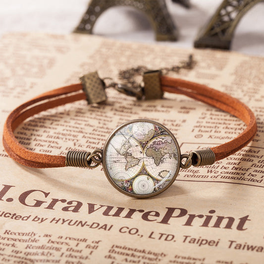 Unisex Retro Woven Alloy Bracelet World Map Glass Stone