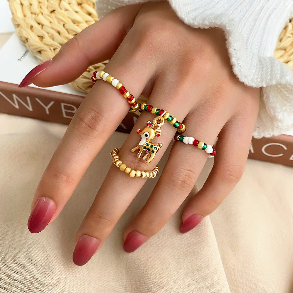 Holiday Alloy Ring Set With Snowflake Gift Box Elk Bell Santa Claus Designs Christmas Jewelry Delicate Glitter Finish 4