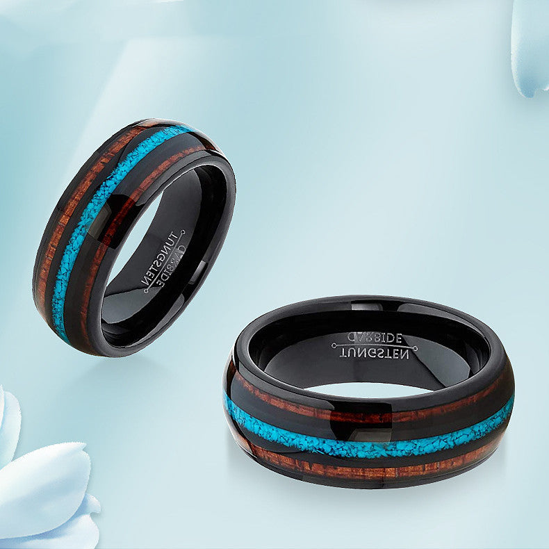 Unisex Tungsten Titanium Steel Ring With Three Grooves And Turquoise Inlaid Band Rings For Men And Women Black