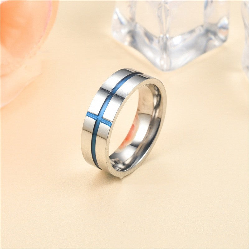 Mens Stainless Steel Ring Personalized Cross Ring Blue Religious Band Jewelry Gift For Him Boyfriend Husbandus