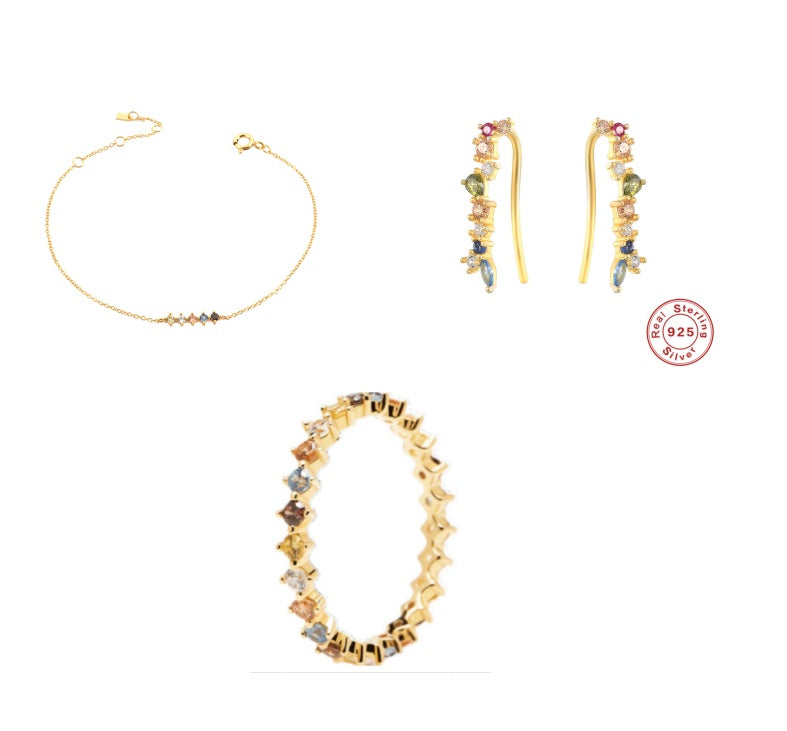 S925 Floral Silver Bright Colored Zircon Ring