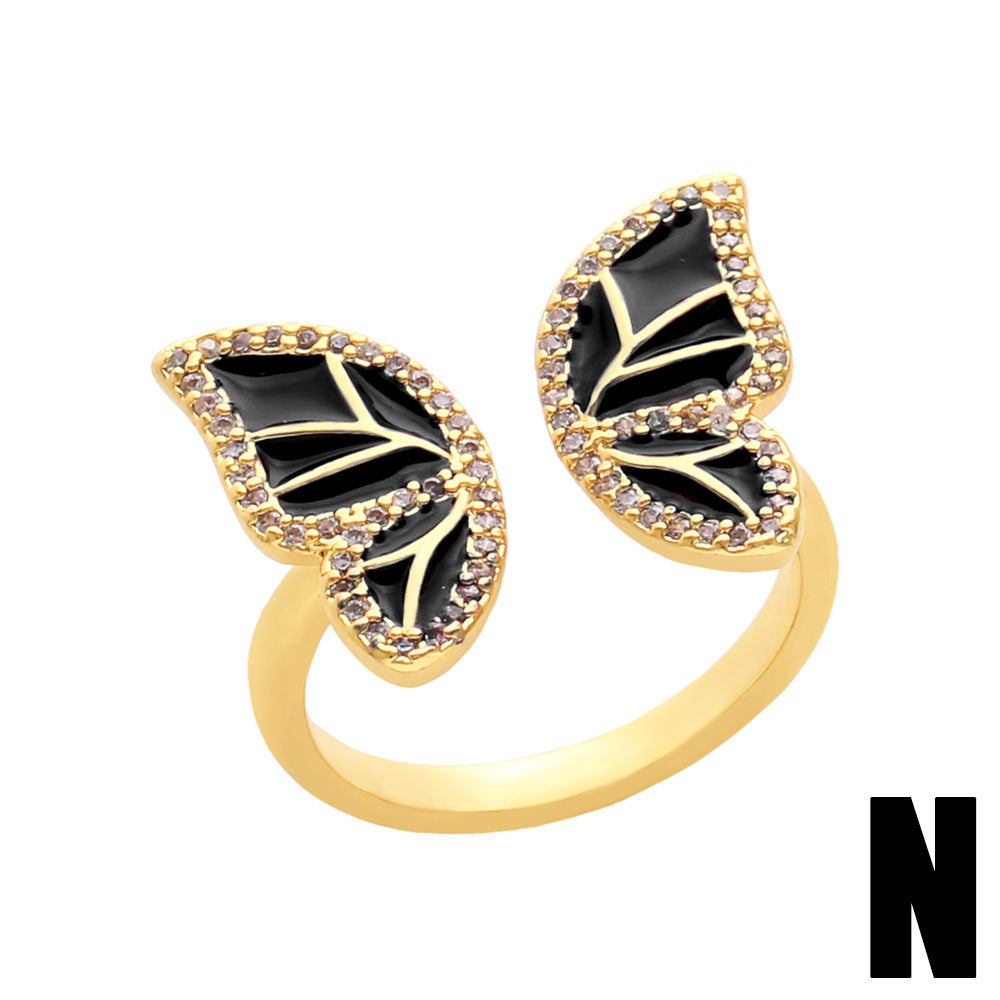 Women's Butterfly Ring Copper Adjustable Zircon Oil Drop Jewelry Elegant Fashion Accessory with Sparkling Zircon