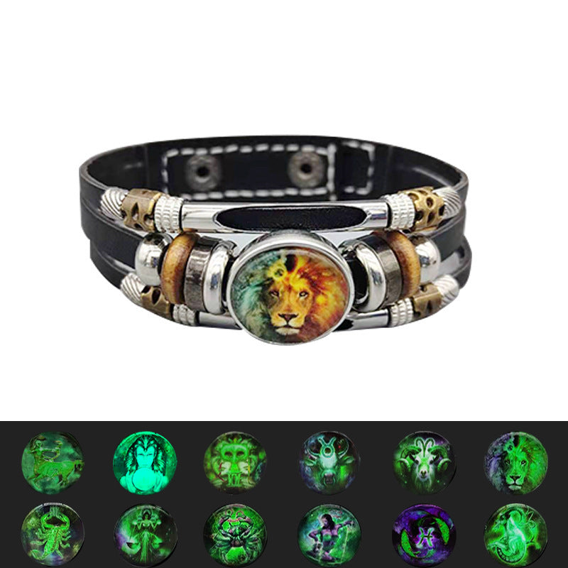 Unisex Retro Leather Bracelet Constellation Luminous Zodiac Sign Alloy Inlay Vintage Jewelry Gift Perfect Gift