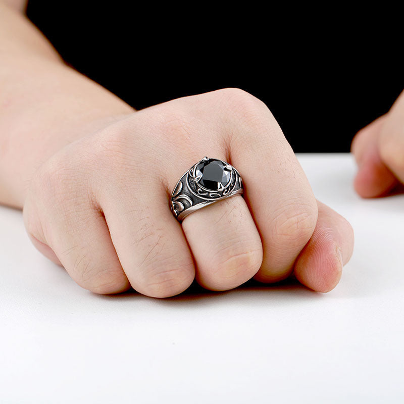 Mens Vintage Stainless Steel Ring With Sapphires Inlay Carved Bands Classic Everydays Wearable Fashion Jewelry