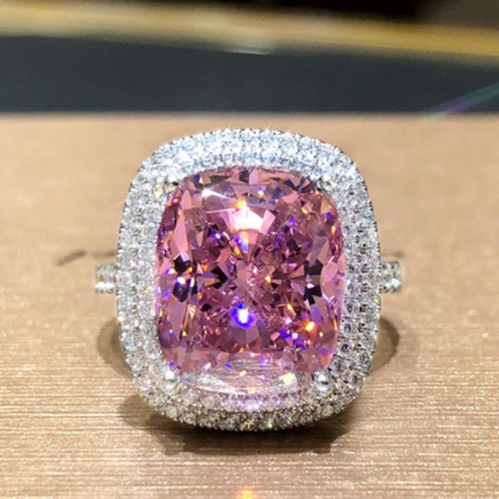 Geometric Zircon Inlays Copper Ring For Women Pink Color Elegant Fashion Jewelry Geometric Design Inlaid Ring