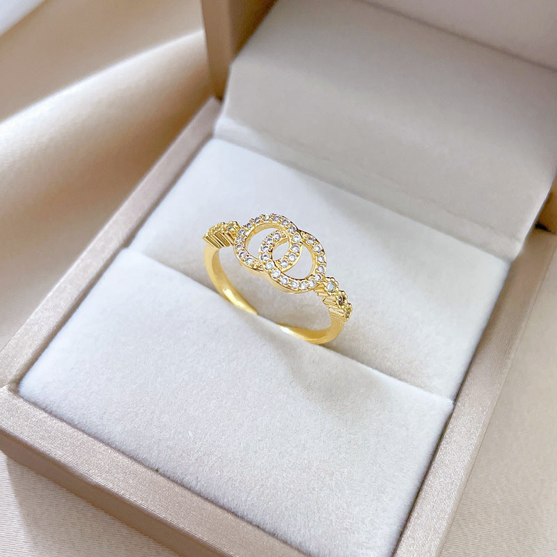 Gold Plated Double Ring Classic Style Micro Inlay Light Luxury Ring For Women Adjustable Elegant Everyday Item