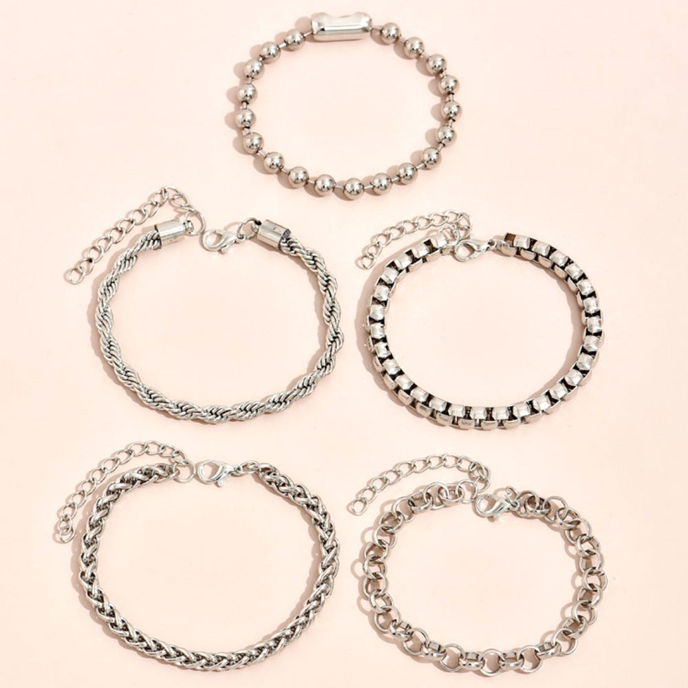 Unisex Box Chain Bracelet Bundle Fashion Simple Hip Hop Punk Iron Beaded Chain Bracelets Packaged Golden White