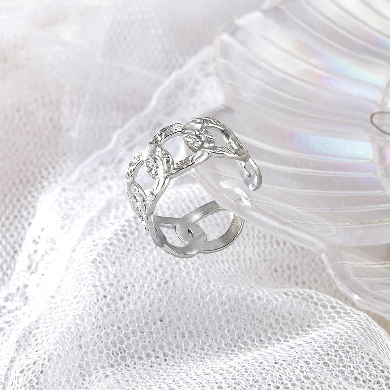 Women Stainless Steel Adjustable Open Ring Geometric Hollow Cross Design Hip Hop Style Ring Neutral Silvertone