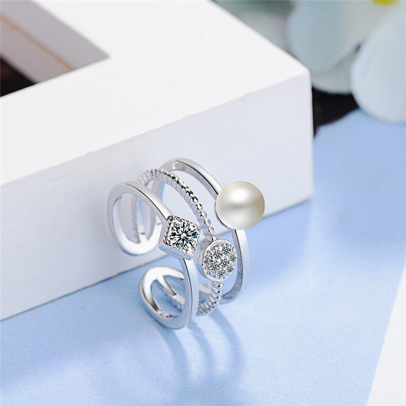 Women Double Geometric Pearl Ring Copper Korean Style Jewelry Elegant Statement Ring for Wear and Special Occasions