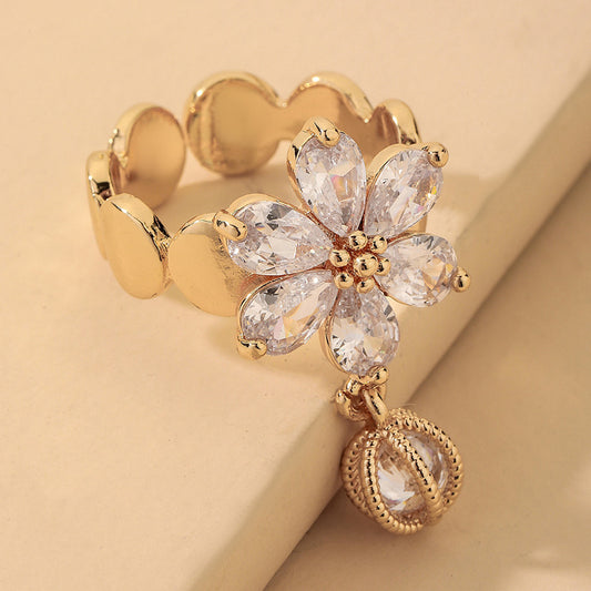 Gold Electroplated Diamond Flower Ring For Women Adjustable