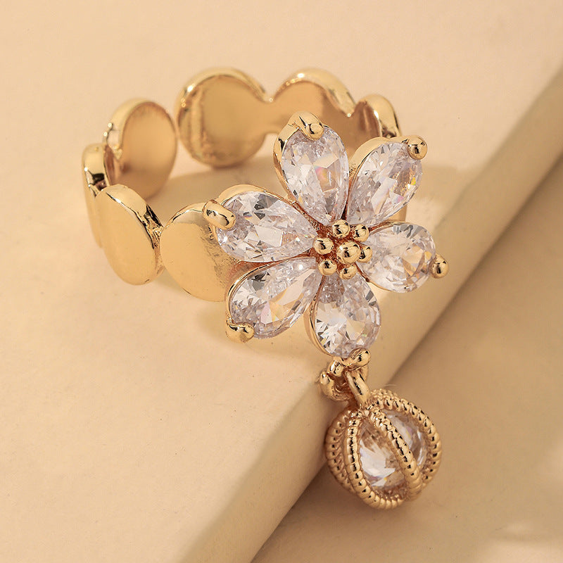Gold Electroplated Diamond Flower Ring For Women Adjustable